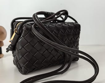 Woven Sheepskin Leather Crossbody Bag: Handmade Women's Chocalate Color Shoulder Bag With Customizable Bags Charm