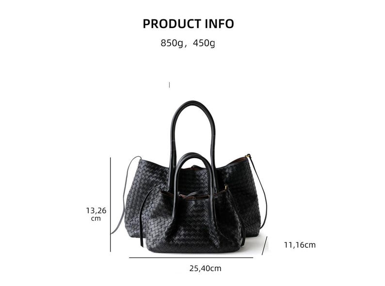 Puede incluir: Bolso tote de cuero negro tejido y un bolso de mano m&aacute;s peque&ntilde;o a juego. El bolso tote mide 25,40 cm de ancho, 13,26 cm de alto y el bolso m&aacute;s peque&ntilde;o 11,16 cm de alto. Los bolsos tienen asas largas. Info del producto: 850g, 450g.