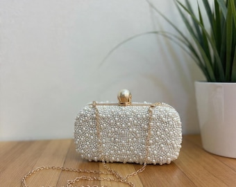 Pochette da sposa con perle / borsetta da sera per matrimonio, catena dorata