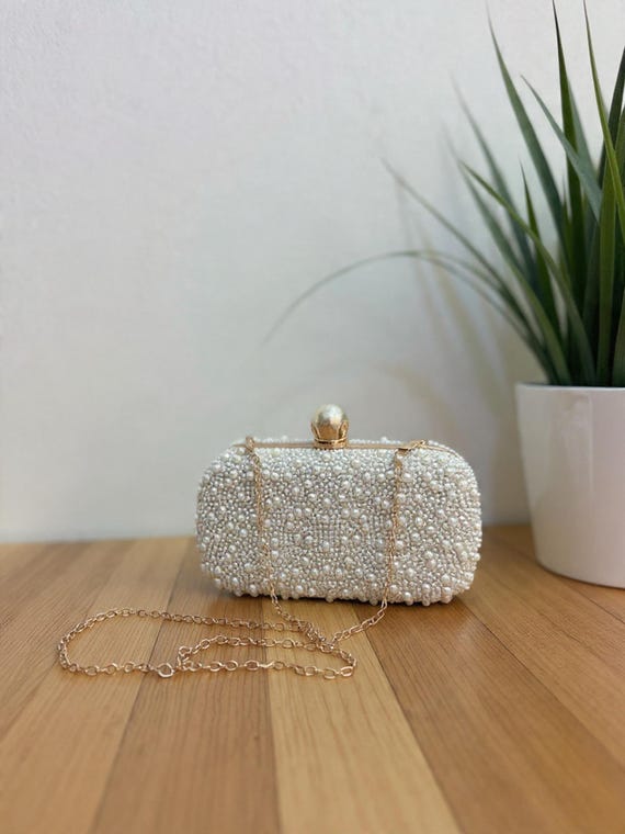 Pearl Bridal Clutch | Wedding Evening Purse, Gold Chain