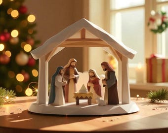 Puede incluir: Un belén de madera con figuras de María, José y el niño Jesús bajo un refugio con techo blanco. Las figuras visten túnicas azules, marrones y rojas. Un árbol de Navidad con adornos en el fondo.