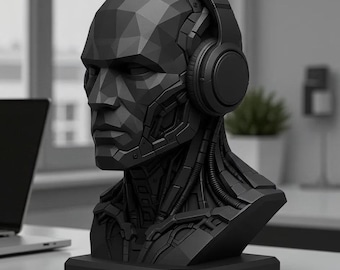 Cyborg hörlursstativ STL-fil – Futuristisk robotheadsethållare 3D-modell, digital nedladdning av Gamer Desk Organizer
