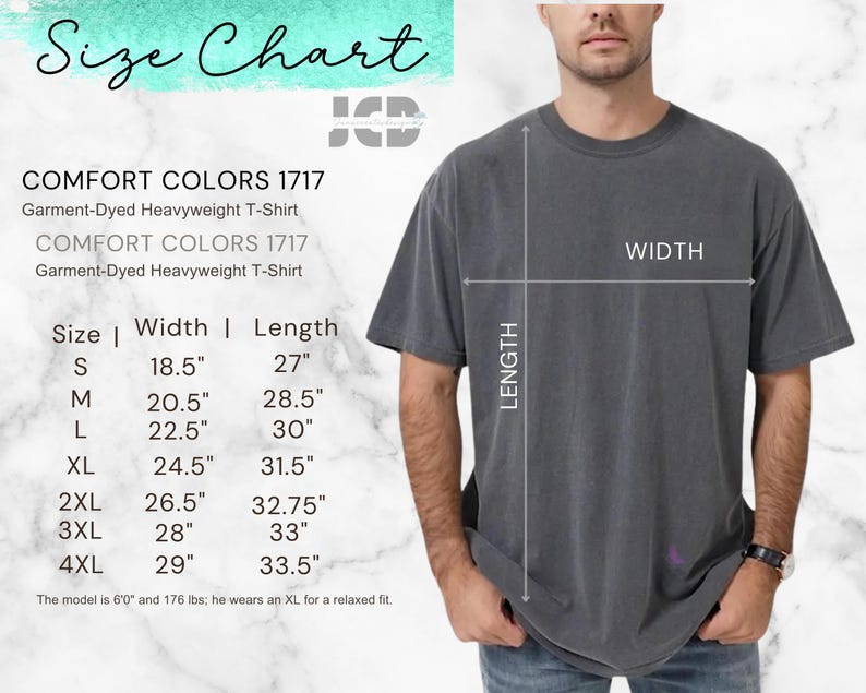 May include: A size chart for Comfort Colors 1717 garment-dyed heavyweight t-shirts. The chart lists sizes S to 4XL with width and length measurements in inches. A person models the shirt, with width and length indicators. The text "Size Chart" is at the top.