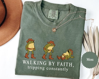 Comfort Colors® Walking By Faith Shirt, Funny Christian Frog Tee, Faith Humor Shirt, Cowboy Frog T-Shirt, Inspirational Christian Gift