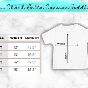 K&ouml;nnte beinhalten: Wei&szlig;es Kleinkind-T-Shirt mit Gr&ouml;&szlig;entabelle. Die Tabelle zeigt die Gr&ouml;&szlig;en 2T bis 5T, mit Breiten von 30,5 cm bis 38,1 cm und L&auml;ngen von 39,4 cm bis 47 cm. Der Text "Size Chart Bella Canvas Toddler" steht oben.