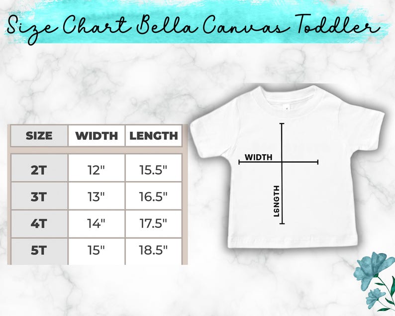K&ouml;nnte beinhalten: Wei&szlig;es Kleinkind-T-Shirt mit Gr&ouml;&szlig;entabelle. Die Tabelle zeigt die Gr&ouml;&szlig;en 2T bis 5T, mit Breiten von 30,5 cm bis 38,1 cm und L&auml;ngen von 39,4 cm bis 47 cm. Der Text "Size Chart Bella Canvas Toddler" steht oben.