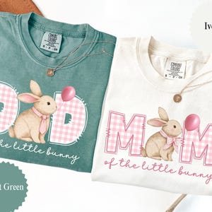 May include: Two t-shirts, one light green and one ivory, with the text "DAD" and "MOM" in pink gingham, and a bunny graphic. The text "of the little bunny" is below the graphics. Each shirt has a Comfort Colors tag.