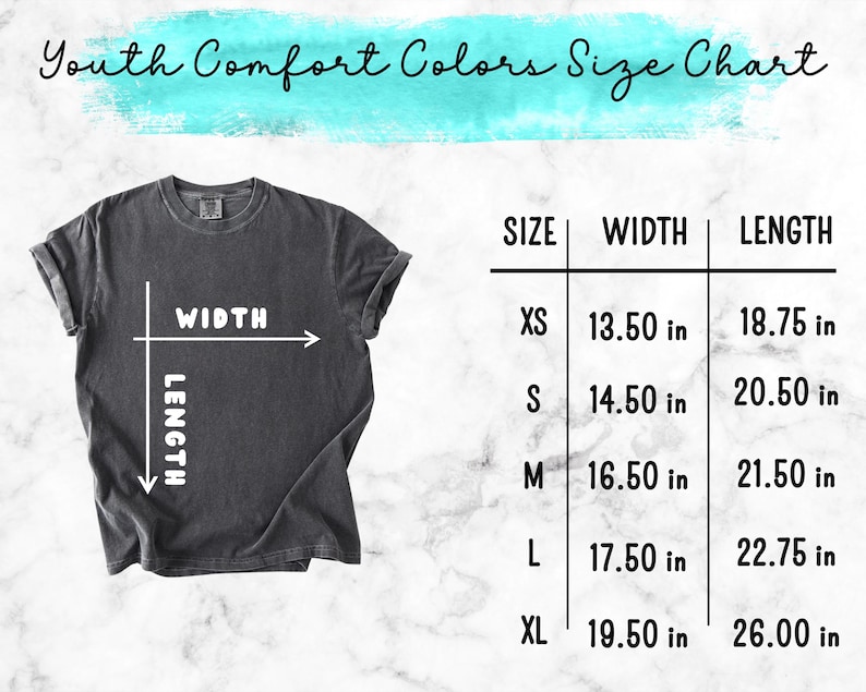 May include: A dark gray t-shirt with a size chart for Youth Comfort Colors. The chart lists sizes XS to XL, with corresponding width and length measurements in inches. The shirt has a crew neck and rolled-up sleeves.