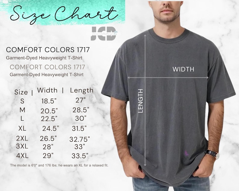 May include: A size chart for Comfort Colors 1717 garment-dyed heavyweight t-shirts. The chart lists sizes S to 4XL, with width and length measurements in inches. A model wears an XL shirt. The shirt is a dark gray color.