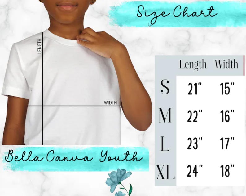 K&ouml;nnte beinhalten: Ein wei&szlig;es Bella Canva Youth T-Shirt mit einer Gr&ouml;&szlig;entabelle. Die Tabelle zeigt die L&auml;ngen- und Breitenma&szlig;e in Zentimetern f&uuml;r die Gr&ouml;&szlig;en S, M, L und XL. Das T-Shirt wird getragen.