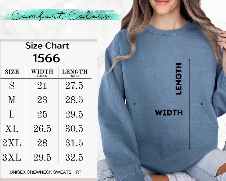 May include: A light blue unisex crewneck sweatshirt. The image includes a size chart with measurements in inches for width and length, ranging from size S to 3XL. The text "Comfort Colors" is at the top.
