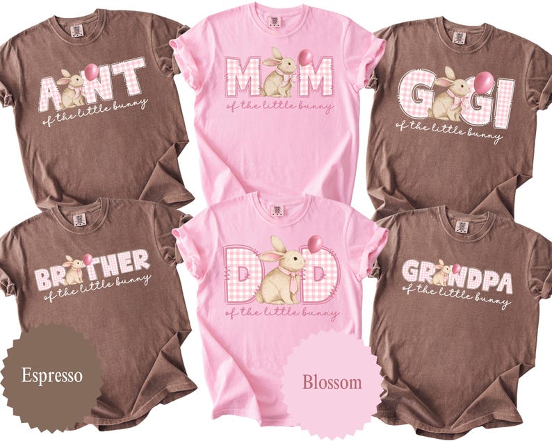 May include: A collection of t-shirts in espresso and blossom colors. Each shirt features a graphic with a bunny, a balloon, and text such as "Aunt", "Mom", "Gigi", "Brother", "Dad", and "Grandpa" with "of the little bunny".