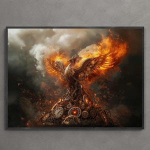 Può includere: Un'opera d'arte incorniciata raffigurante una fenice che sorge dalle fiamme. L'uccello è composto da ingranaggi e orologi, con ali infuocate e uno sfondo drammatico e scuro. L'opera d'arte è esposta su una parete grigia.