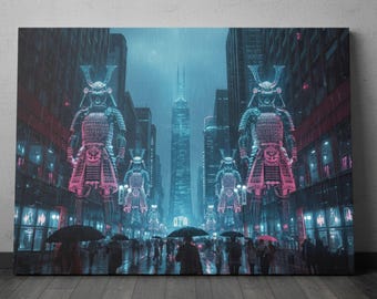 Neon Cyberpunk Samurai Art – Futuristic Japan Canvas