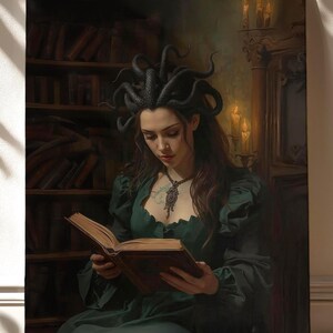Dark academia fantasy wall art featuring a Medusa-inspired sorceress with serpent hair reading an ancient book inside a candlelit gothic library, surrounded by shelves of old tomes and warm shadows.