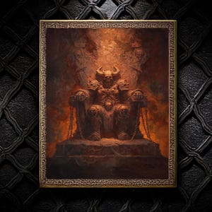 May include: A framed painting of a demonic figure on a throne. The artwork uses a dark colour palette with browns, reds, and gold. The throne is decorated with skulls and chains, and the background suggests a fiery environment.