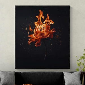 Cuadro decorativo de flores en llamas / Lienzo impreso con motivos de fuego, obra de arte floral con llamas, decoración de estética oscura, arte mural moderno y dramático.