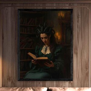 Dark academia fantasy wall art featuring a Medusa-inspired sorceress with serpent hair reading an ancient book inside a candlelit gothic library, surrounded by shelves of old tomes and warm shadows.