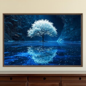 Frostlight Reflection Tree Wall Art | Blue Crystal Lake Framed Canvas, White Tree Fantasy Print