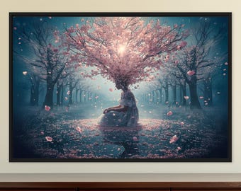 May include: A framed wall art print depicting a figure in a light-colored dress sitting in a dark, misty forest. The figure's head is replaced by a large, blooming cherry blossom tree with pink petals falling onto the ground and reflecting in water.