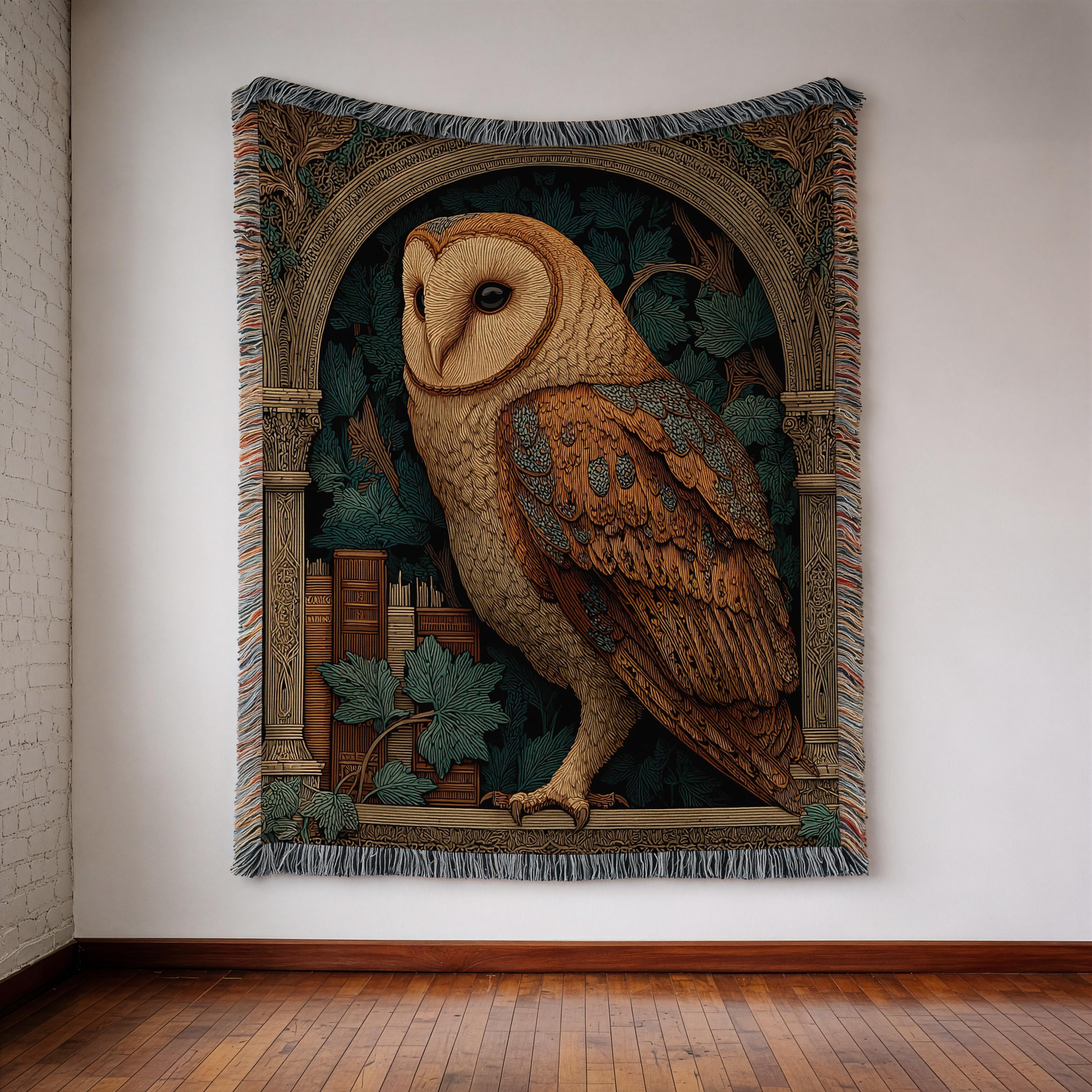 Barn Owl Woven Blanket | Gothic Woodland Tapestry Throw | Dark Academia Decor