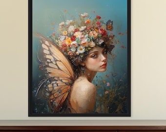 Butterfly Fairy Wall Art | Floral Fairy Portrait, Cottagecore Fairycore Decor for Bedroom