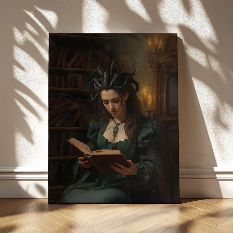 Dark academia fantasy wall art featuring a Medusa-inspired sorceress with serpent hair reading an ancient book inside a candlelit gothic library, surrounded by shelves of old tomes and warm shadows.
