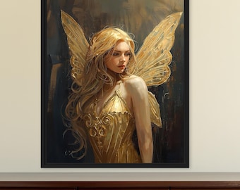 Golden Fairy Wall Art | Luxury Fairycore Decor, Gold Wing Fairy Print for Bedroom
