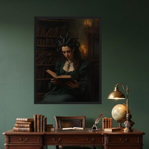 Dark academia fantasy wall art featuring a Medusa-inspired sorceress with serpent hair reading an ancient book inside a candlelit gothic library, surrounded by shelves of old tomes and warm shadows.