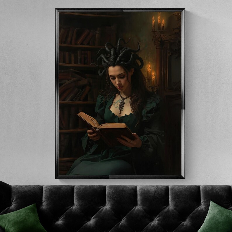 Dark academia fantasy wall art featuring a Medusa-inspired sorceress with serpent hair reading an ancient book inside a candlelit gothic library, surrounded by shelves of old tomes and warm shadows.