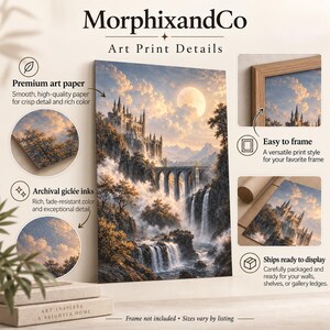 May include: An art print by MorphixandCo featuring a castle on a cliffside with a bridge, waterfalls, and a full moon in a cloudy sky. The image includes text details about premium art paper, archival gicl&eacute;e inks, and framing options.