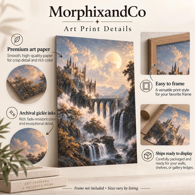May include: An art print by MorphixandCo featuring a castle on a cliffside with a bridge, waterfalls, and a full moon in a cloudy sky. The image includes text details about premium art paper, archival gicl&eacute;e inks, and framing options.