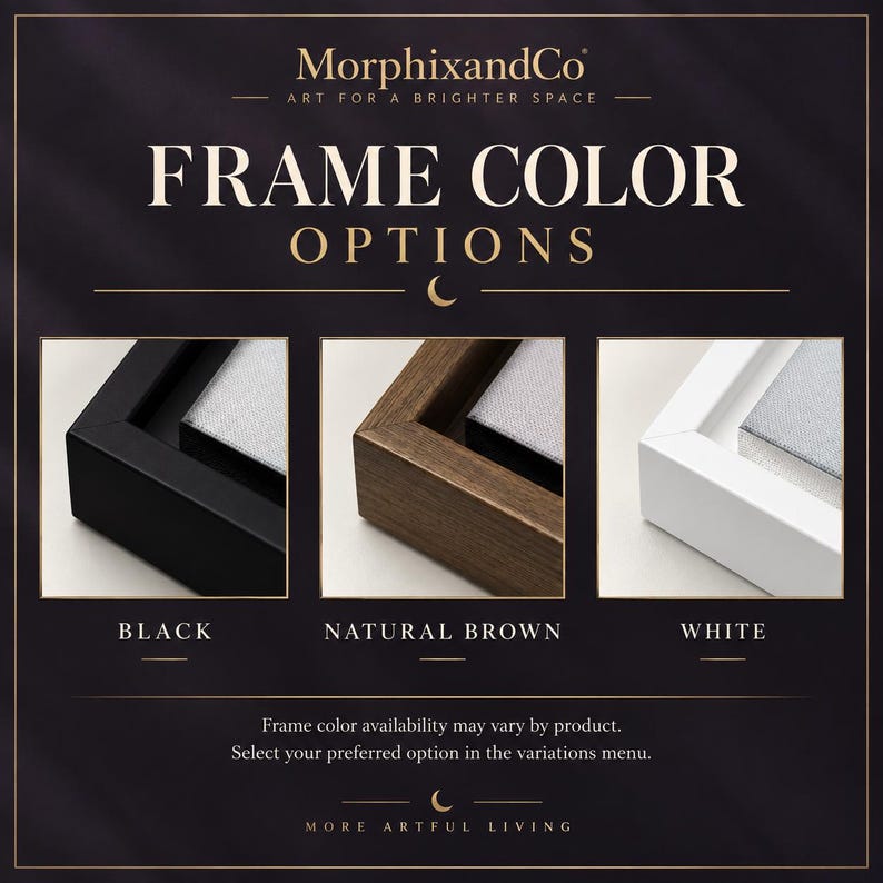 May include: A graphic display titled FRAME COLOR OPTIONS by MorphixandCo featuring three square insets showing corner views of frames in black, natural brown, and white. Each frame surrounds a light gray canvas. Text includes instructions for selection.