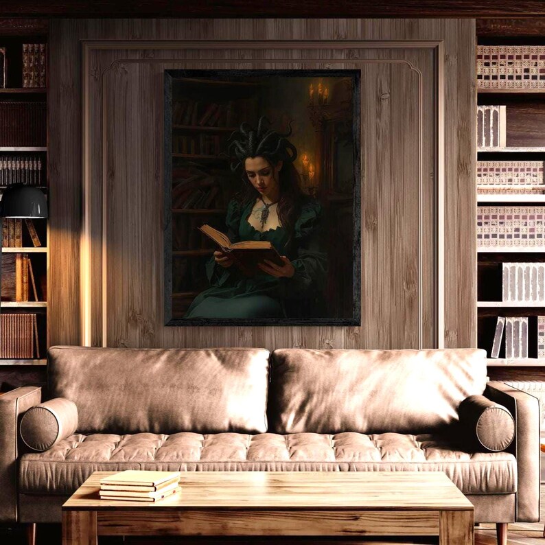 Dark academia fantasy wall art featuring a Medusa-inspired sorceress with serpent hair reading an ancient book inside a candlelit gothic library, surrounded by shelves of old tomes and warm shadows.