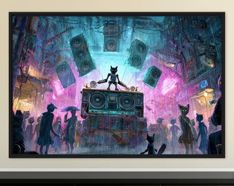 Cyberpunk Cat Wall Art | Neon Music Canvas Print