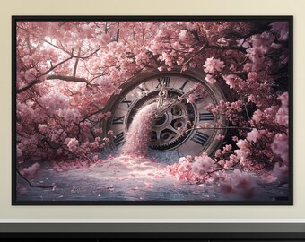 May include: A framed wall art print featuring a large, weathered clock face partially submerged in water, surrounded by dense, blooming pink cherry blossom branches. A cascade of pink petals flows from the center of the clock into the water below.