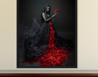 Crimson Rose Gothic Muse | Donker fantasieportret, rode bloemen gotische vrouw muurkunst