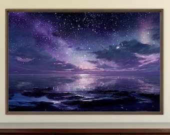 Art mural horizon océan illuminé d'étoiles | Toile violette paysage marin céleste, impression eau nuit apaisante