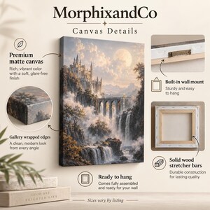 May include: A rectangular canvas print by MorphixandCo featuring a fantasy castle on a cliff with a waterfall and a full moon. The product details show gallery wrapped edges, a built-in wall mount, and solid wood stretcher bars for hanging.