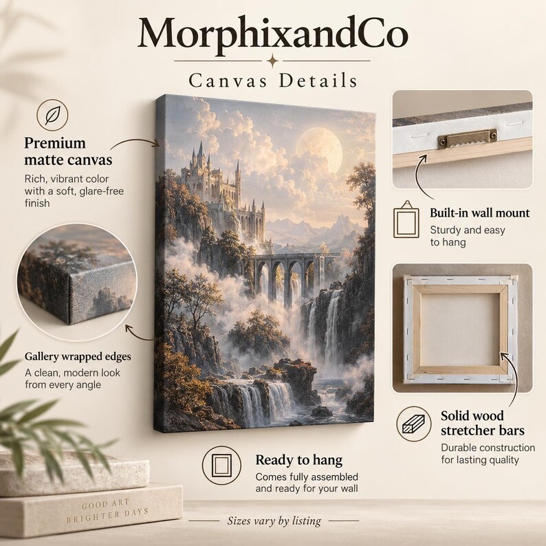 May include: A rectangular canvas print by MorphixandCo featuring a fantasy castle on a cliff with a waterfall and a full moon. The product details show gallery wrapped edges, a built-in wall mount, and solid wood stretcher bars for hanging.