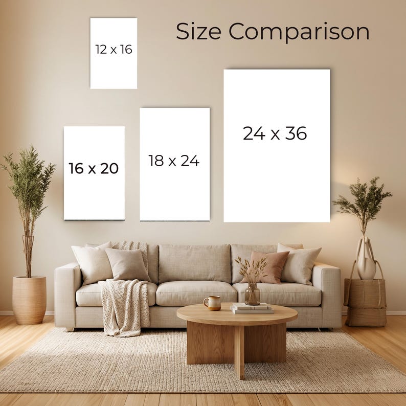 May include: A size comparison chart featuring four white rectangular canvases labeled with dimensions in inches: 12 x 16, 16 x 20, 18 x 24, and 24 x 36. The text Size Comparison is displayed above the canvases, which are arranged on a wall.