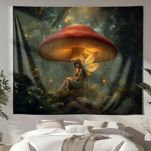 May include: A rectangular wall tapestry featuring a large, glowing red mushroom in a dark forest setting. A winged figure with iridescent wings sits on a mossy rock beneath the mushroom cap, surrounded by soft golden light and floating particles.