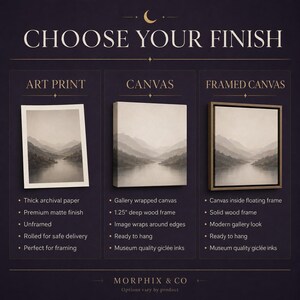 May include: A product display graphic titled CHOOSE YOUR FINISH showing three options: an unframed art print on thick archival paper, a gallery wrapped canvas with a 1.25 inch deep wood frame, and a canvas inside a solid wood floating frame.