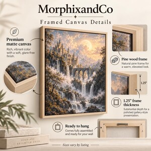 May include: A square framed canvas print by MorphixandCo featuring a fantasy castle on a cliff with waterfalls and a full moon. The artwork is set in a natural pine wood frame with a 1.25 inch thickness, matte finish, and includes hardware for hanging.
