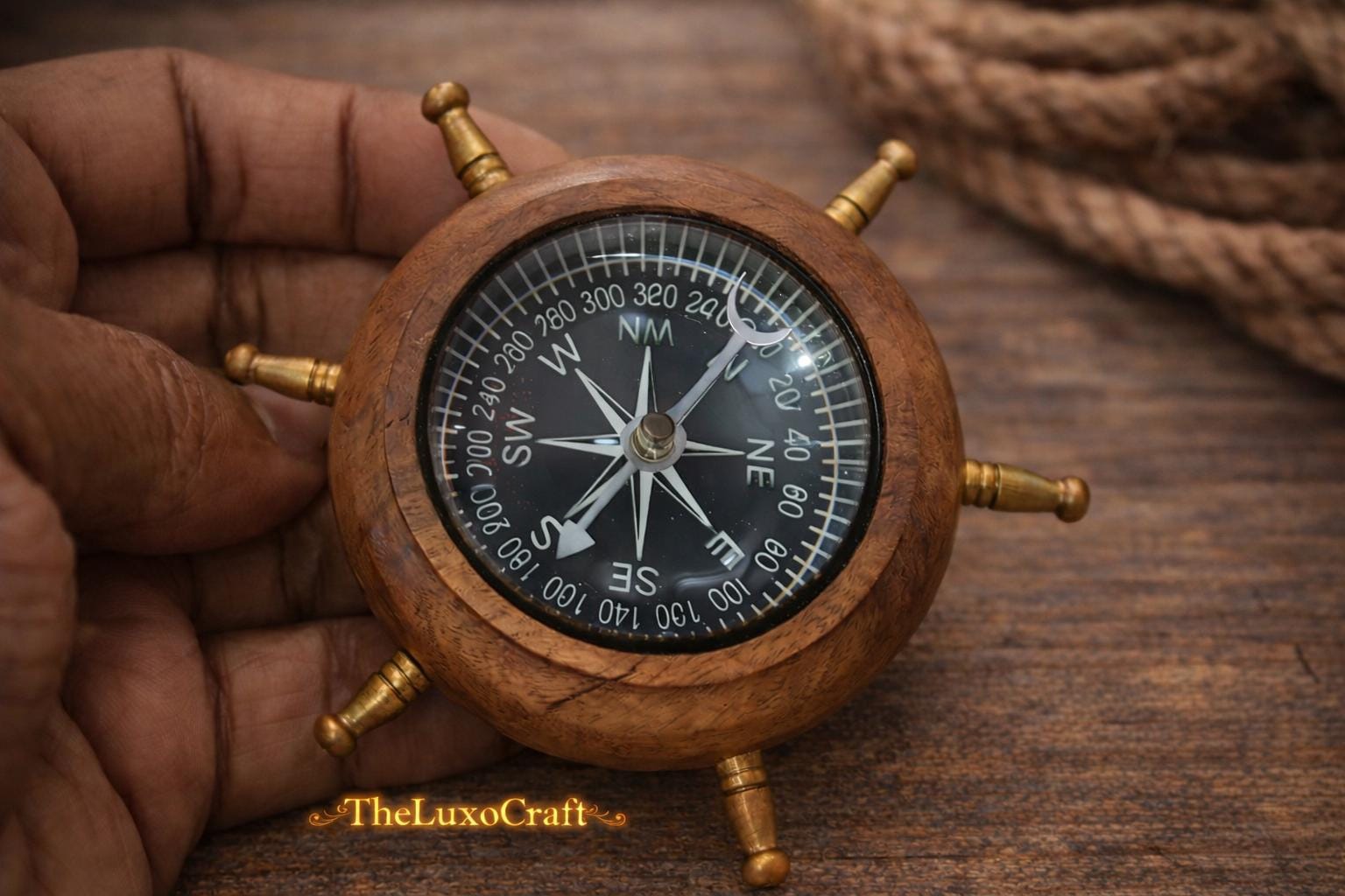 Vintage Wooden Ship Wheel Compass | Nautical Desk Decor | Handmade ...