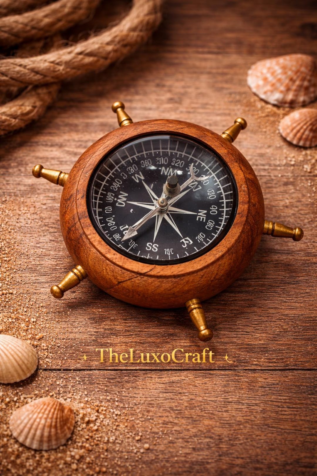 Vintage Wooden Ship Wheel Compass | Nautical Desk Decor | Handmade ...
