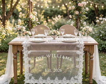 Aangepaste kant pure bruiloft tafelloper, gepersonaliseerd hoofd tafelbord voor bruid en bruidegom receptie display, bruiloft sweetheart tafeldecor