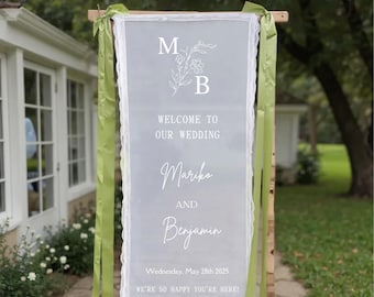 Personalization Sheer Lace Wedding Sign, Custom Romantic Sheer Welcome Wedding Sign, Modern Outdoor Wedding Banner, Boho Wedding Decoration