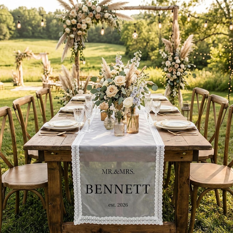 Custom Lace Sheer Wedding Table Runner, Personalized Head Table Sign for Bride and Groom Reception Display, Wedding Sweetheart Table Decor image 10
