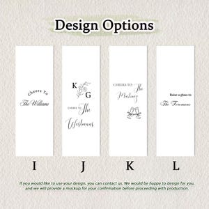 May include: Four vertical white rectangular labels labelled I, J, K, and L, each featuring black text and graphic designs. Option I says Cheers To The Williams. Option J shows K G with floral art and Cheers To The Westmans. Option K says Cheers To The Martinez with two champagne flutes. Option L says Raise a glass to The Foremans.